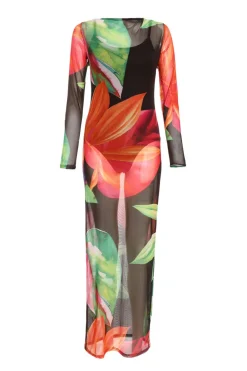 Quiz Holiday|Maxi Dresses>Black Mesh Tropical Print Maxi Dress