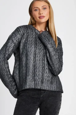 Quiz Knitwear|Jumpers>Black Metallic Cable Knit Jumper