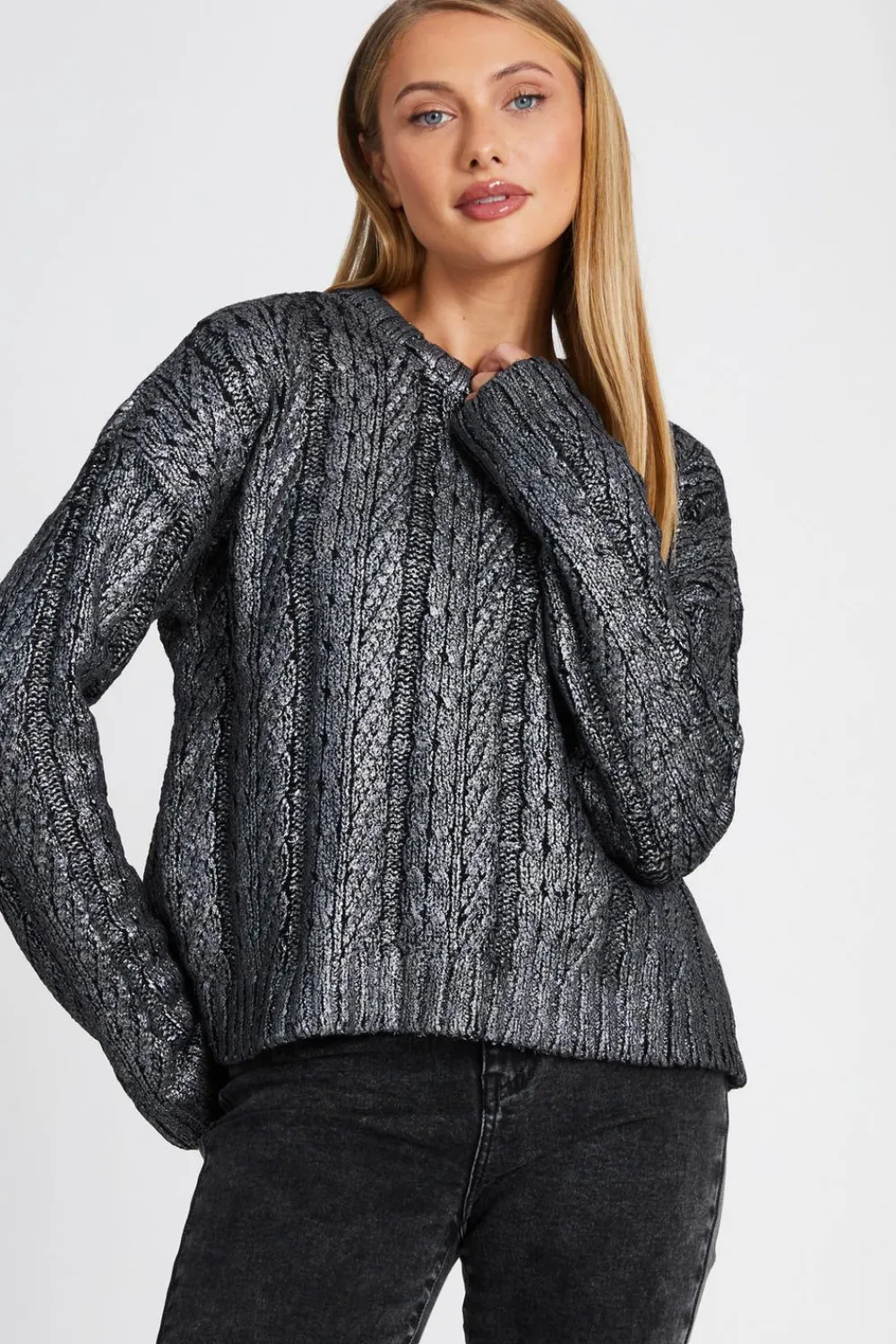 Quiz Knitwear|Jumpers>Black Metallic Cable Knit Jumper