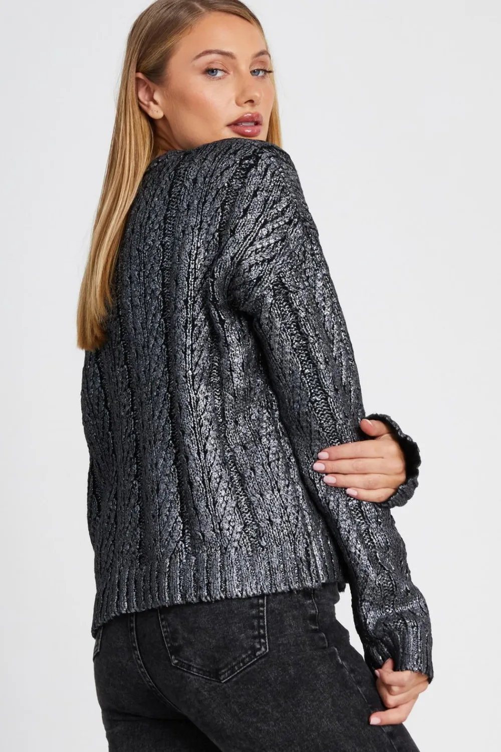 Quiz Knitwear|Jumpers>Black Metallic Cable Knit Jumper
