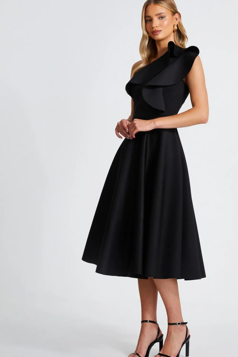 Quiz Evening Dresses|Day At The Races>Black One Shoulder Frill Skater Dress