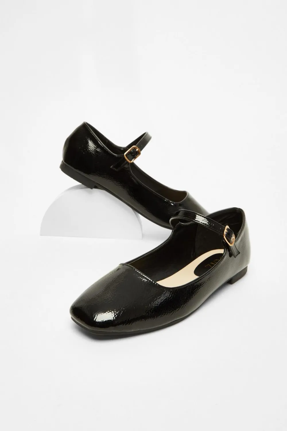 Quiz Pumps|Flats>Black Patent Faux Leather Flat Pumps