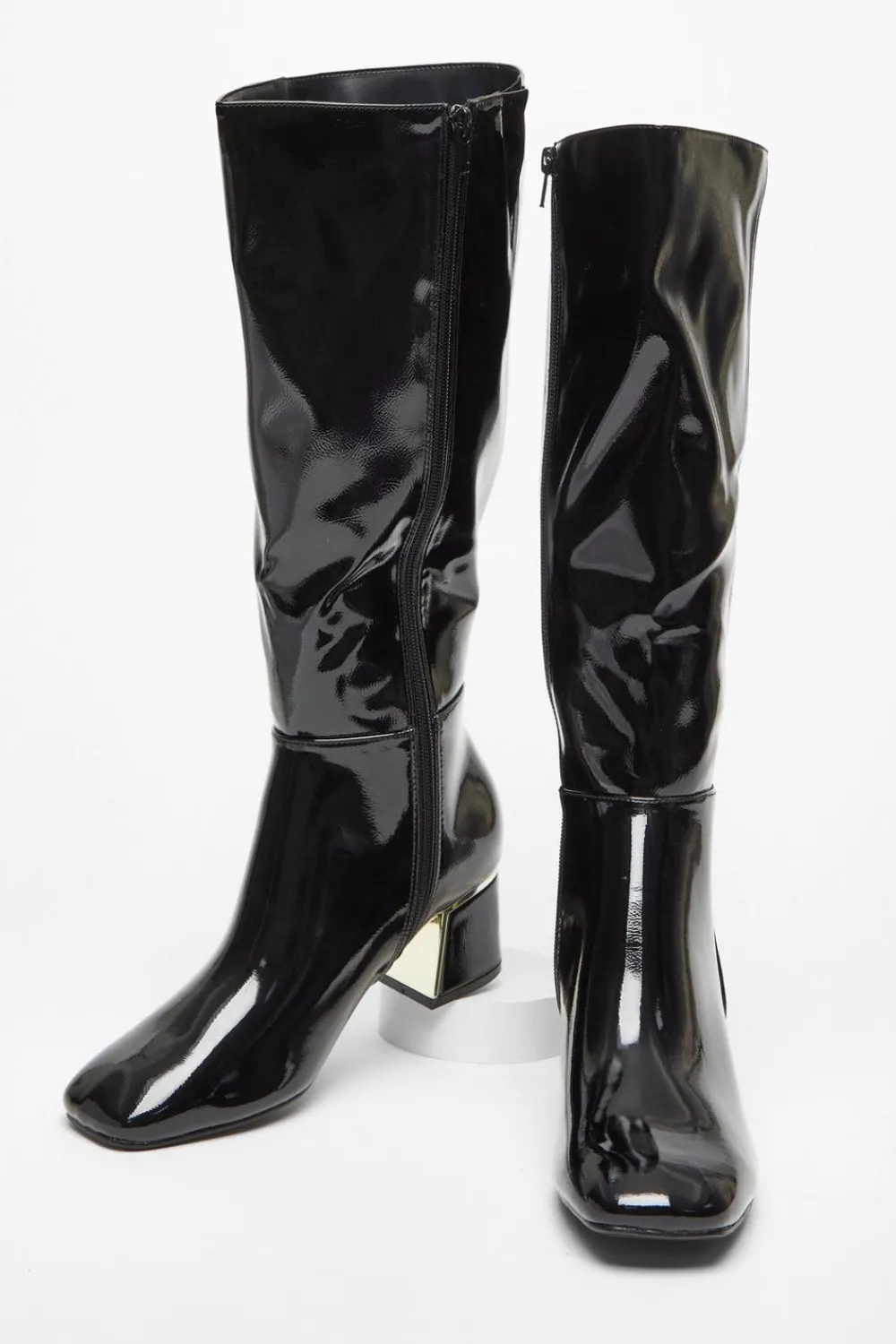 Quiz Boots>Black Patent Knee High Boots