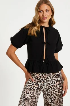 Quiz Summer Tops|Going Out Tops>Black Peplum Tie Top
