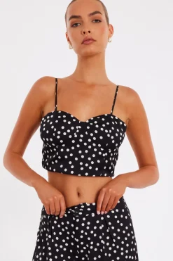 Quiz Going Out Tops|Crop Tops>Black Polka Dot Crop Top