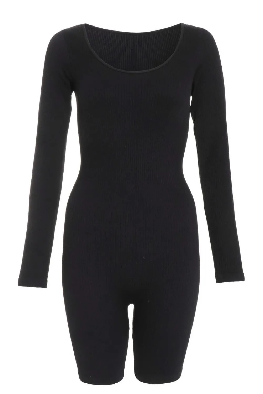 Quiz Playsuits|Playsuits>Black Ribbed Long Sleeve Playsuit
