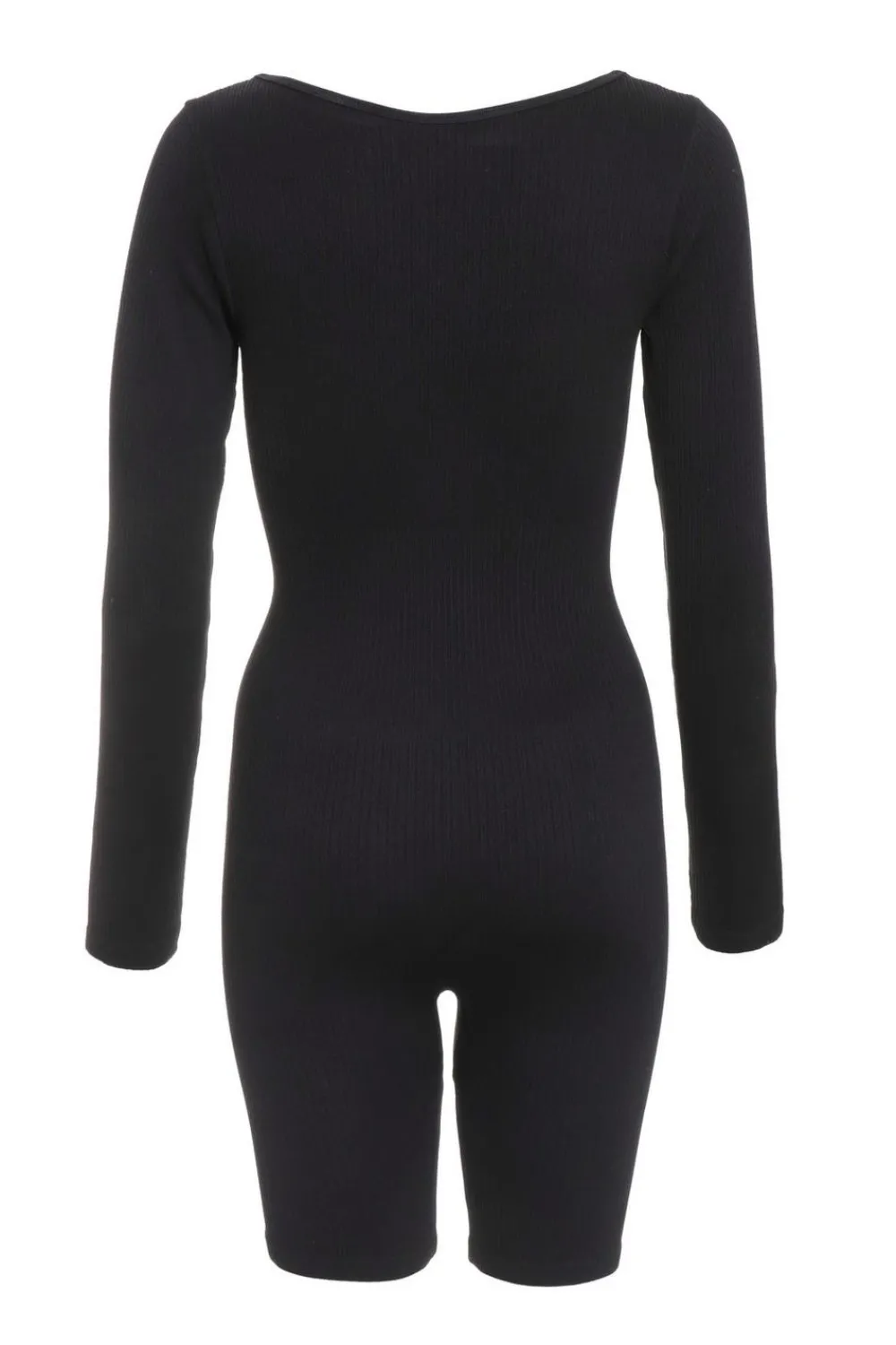 Quiz Playsuits|Playsuits>Black Ribbed Long Sleeve Playsuit