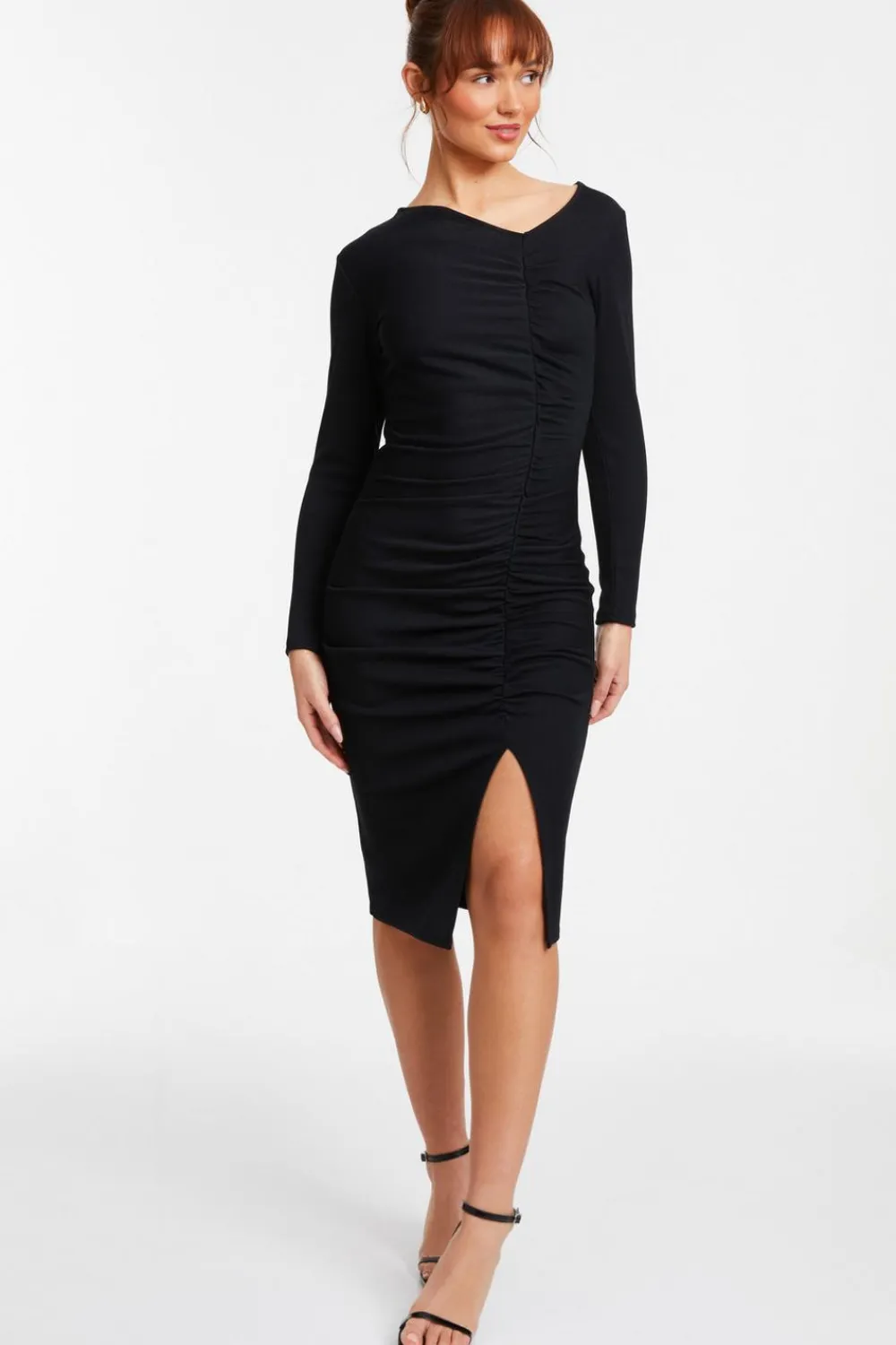 Quiz Midi Dresses|Going Out Dresses>Black Ruched Asymetric Midi Dress