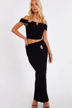 Quiz Skirts|Going Out>Black Ruched Waist Maxi Skirt