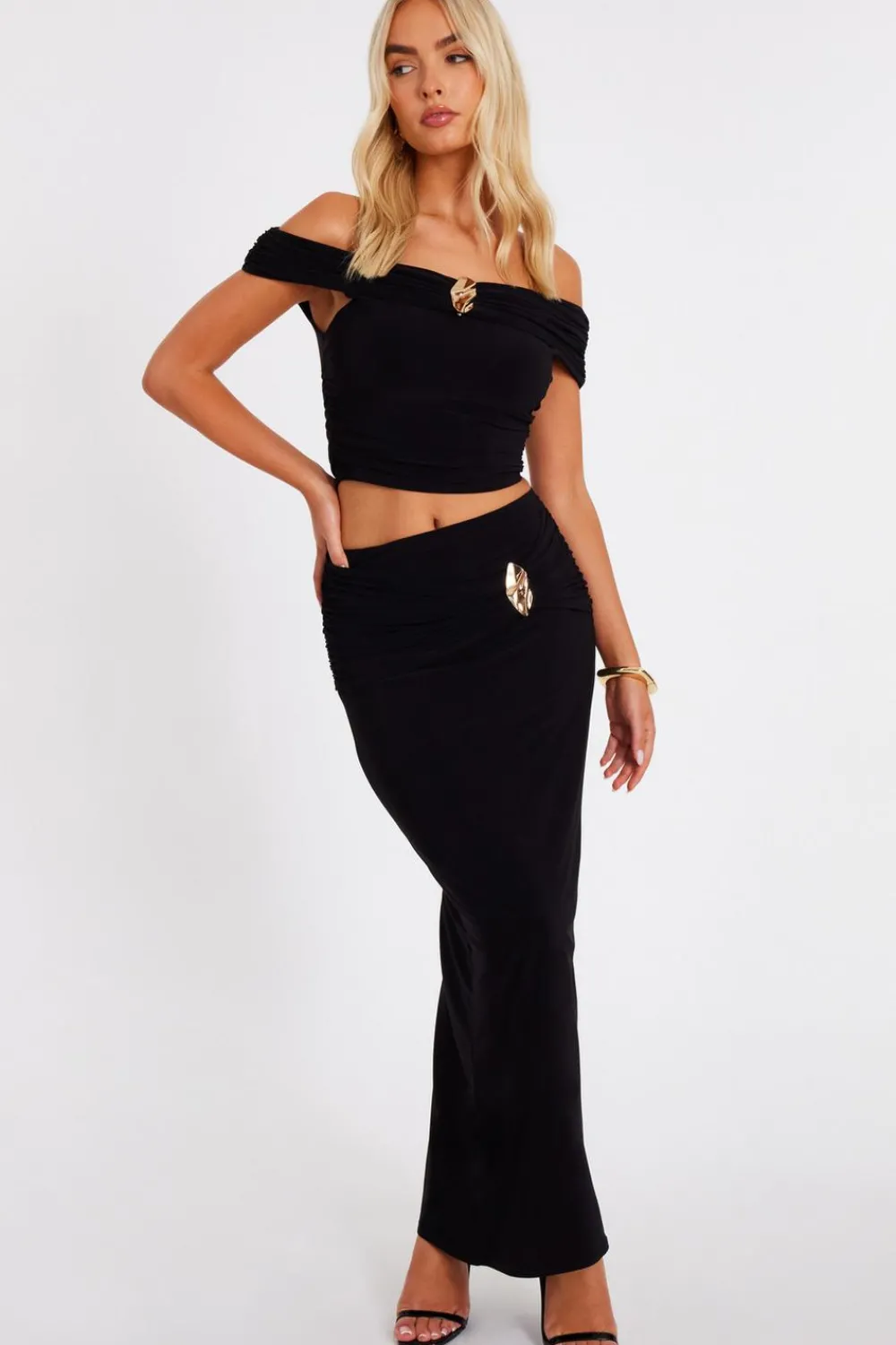 Quiz Skirts|Going Out>Black Ruched Waist Maxi Skirt