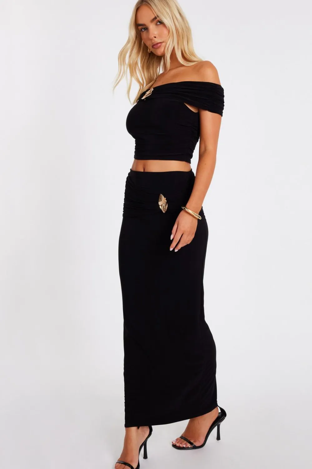 Quiz Skirts|Going Out>Black Ruched Waist Maxi Skirt