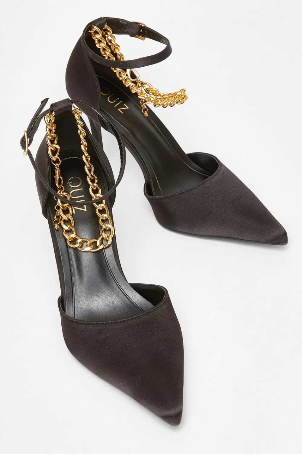 Quiz Occasion Shoes|Heels>Black Satin Chain Strap Court Heels
