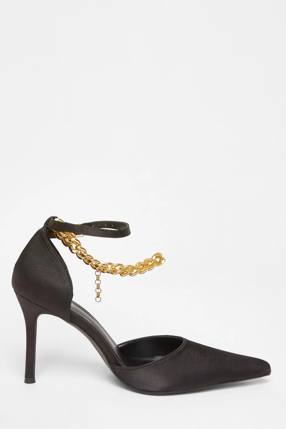 Quiz Occasion Shoes|Heels>Black Satin Chain Strap Court Heels