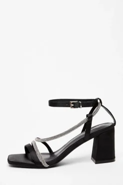 Quiz Occasion Shoes|Heels>Black Satin Diamante Heeled Sandal