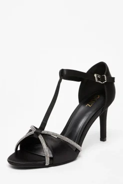 Quiz Sandals|Occasion Shoes>Black Satin Diamante T-Bar Heels
