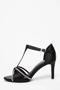 Quiz Sandals|Occasion Shoes>Black Satin Diamante T-Bar Heels