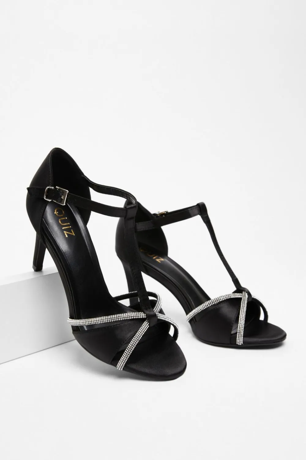 Quiz Sandals|Occasion Shoes>Black Satin Diamante T-Bar Heels