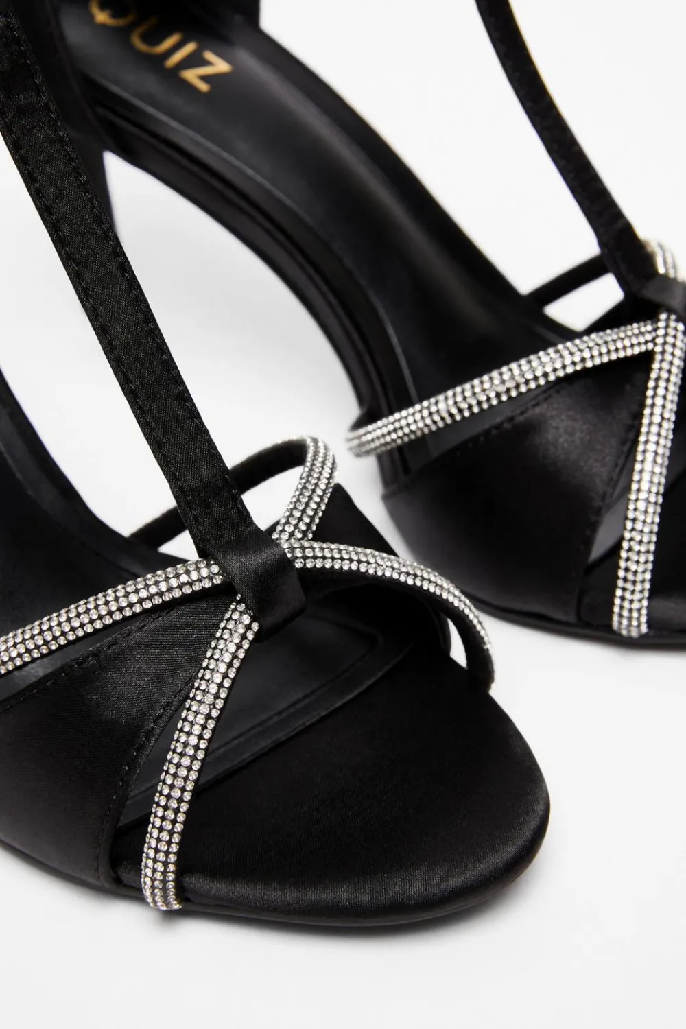 Quiz Sandals|Occasion Shoes>Black Satin Diamante T-Bar Heels