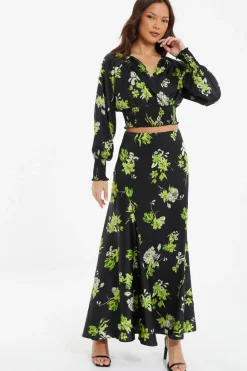 Quiz Skirts|Florals>Black Satin Floral Midaxi Skirt