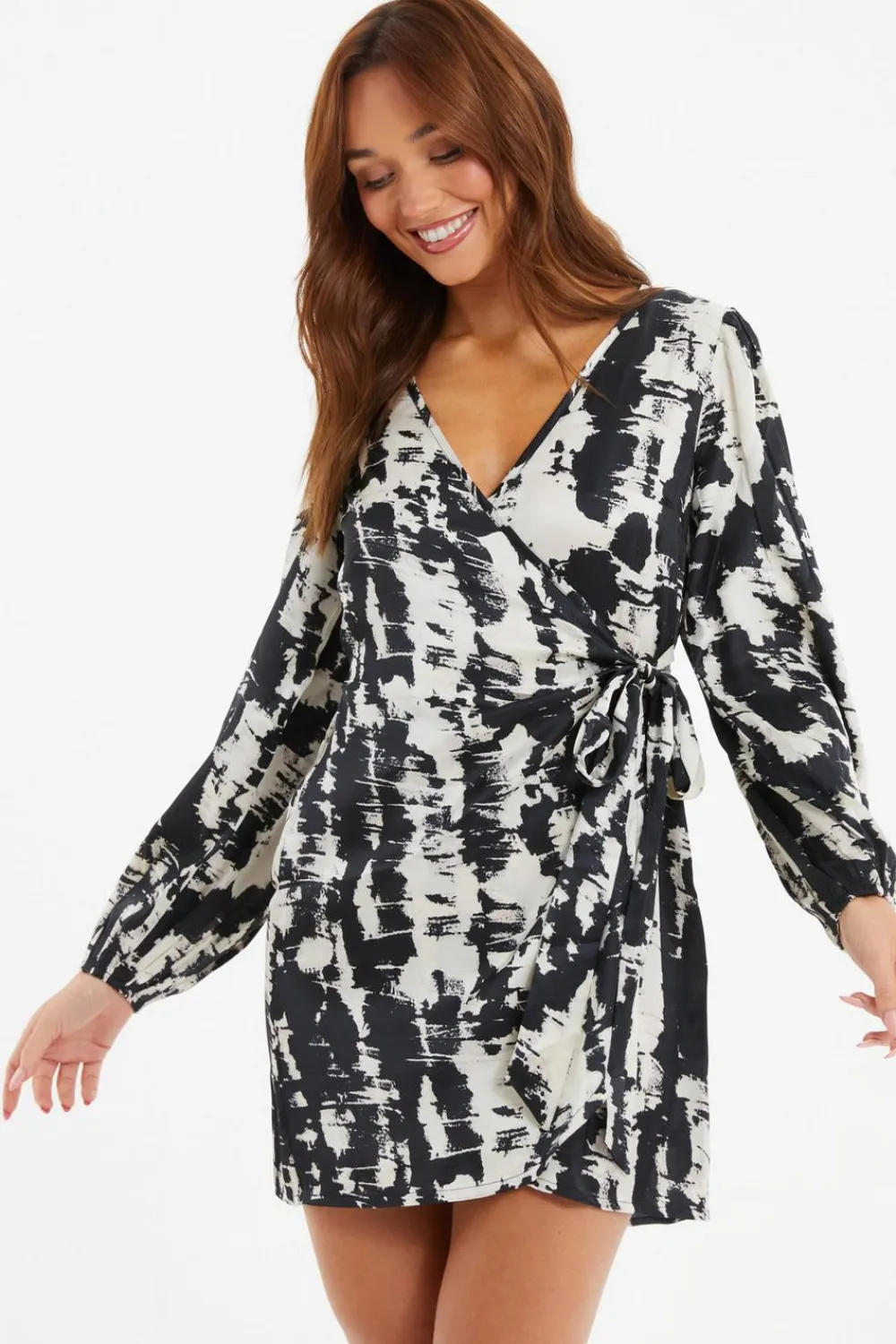 Quiz Wrap Dresses|Satin Dresses>Black Satin Marble Print Wrap Dress