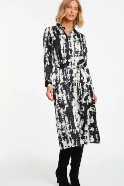 Quiz Workwear|Satin Dresses>Black Satin Marble Print Shirt Dress