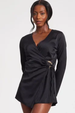 Quiz Playsuits|Workwear>Black Satin Wrap Playsuit