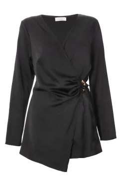Quiz Playsuits|Workwear>Black Satin Wrap Playsuit