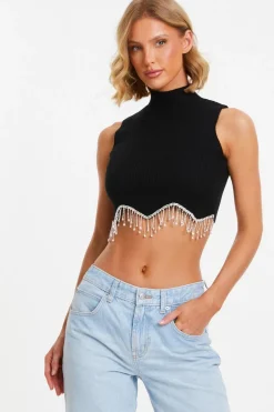 Quiz Going Out Tops|Crop Tops>Black Scalloped Embellished Sleeveless Top
