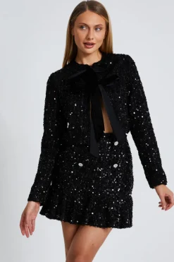 Quiz Christening Guest|Jackets & Coats>Black Sequin Boucle Cropped Jacket