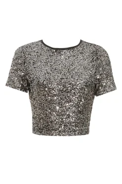 Quiz Going Out Tops|Crop Tops>Black Sequin Crop Top