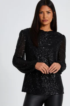 Quiz Going Out Tops|Tops>Black Sequin Drape Top