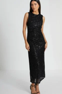 Quiz Evening Dresses|Midi Dresses>Black Sequin Ruched Side Midaxi Dress