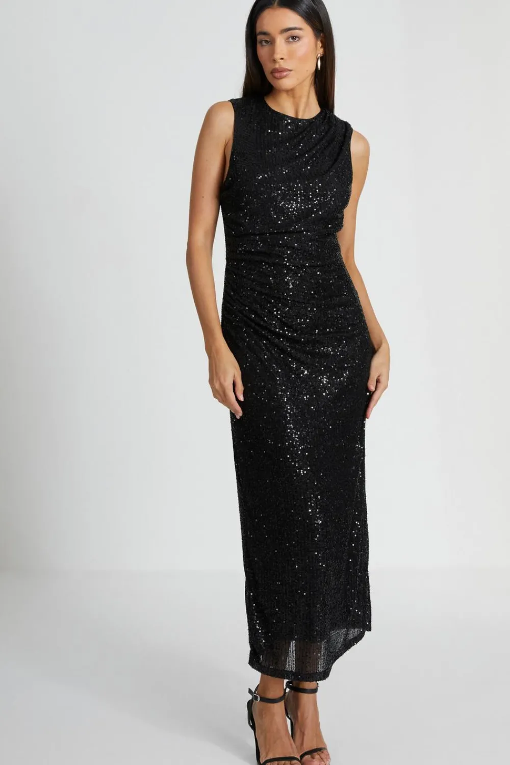 Quiz Evening Dresses|Midi Dresses>Black Sequin Ruched Side Midaxi Dress