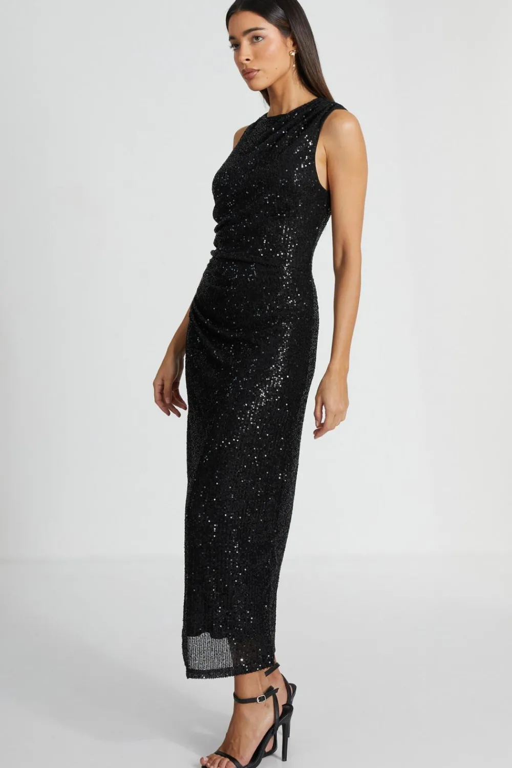 Quiz Evening Dresses|Midi Dresses>Black Sequin Ruched Side Midaxi Dress