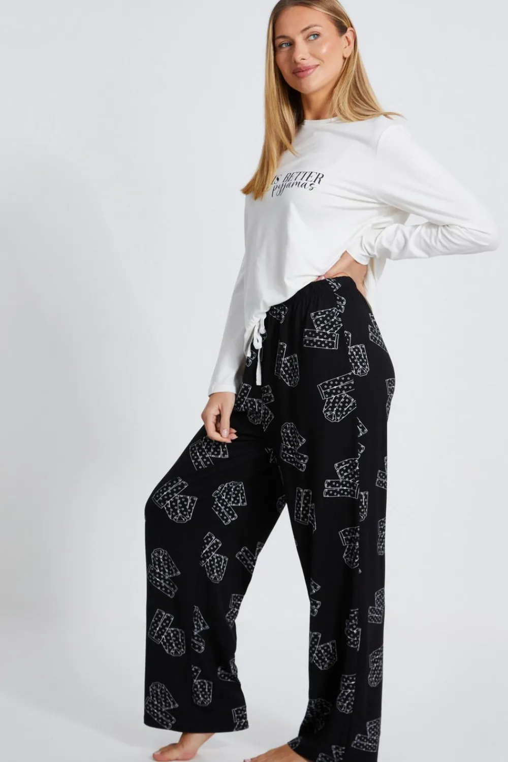 Quiz Nightwear>Black Slogan Pyjama Set