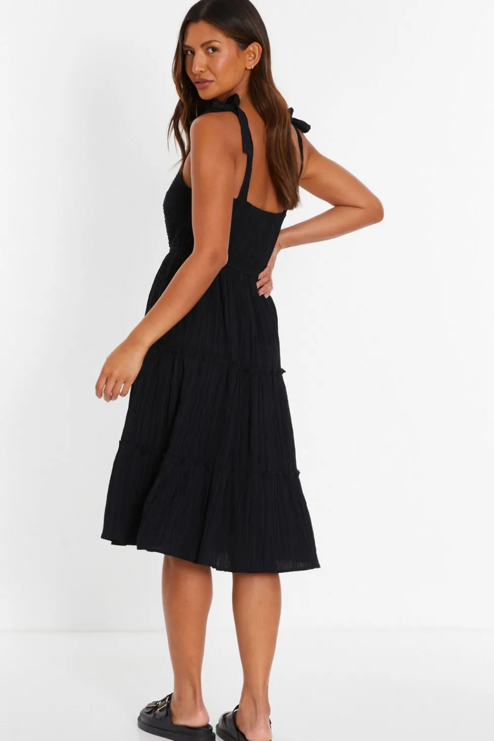 Quiz Holiday|Summer Dresses>Black Strappy Tiered Midi Dress