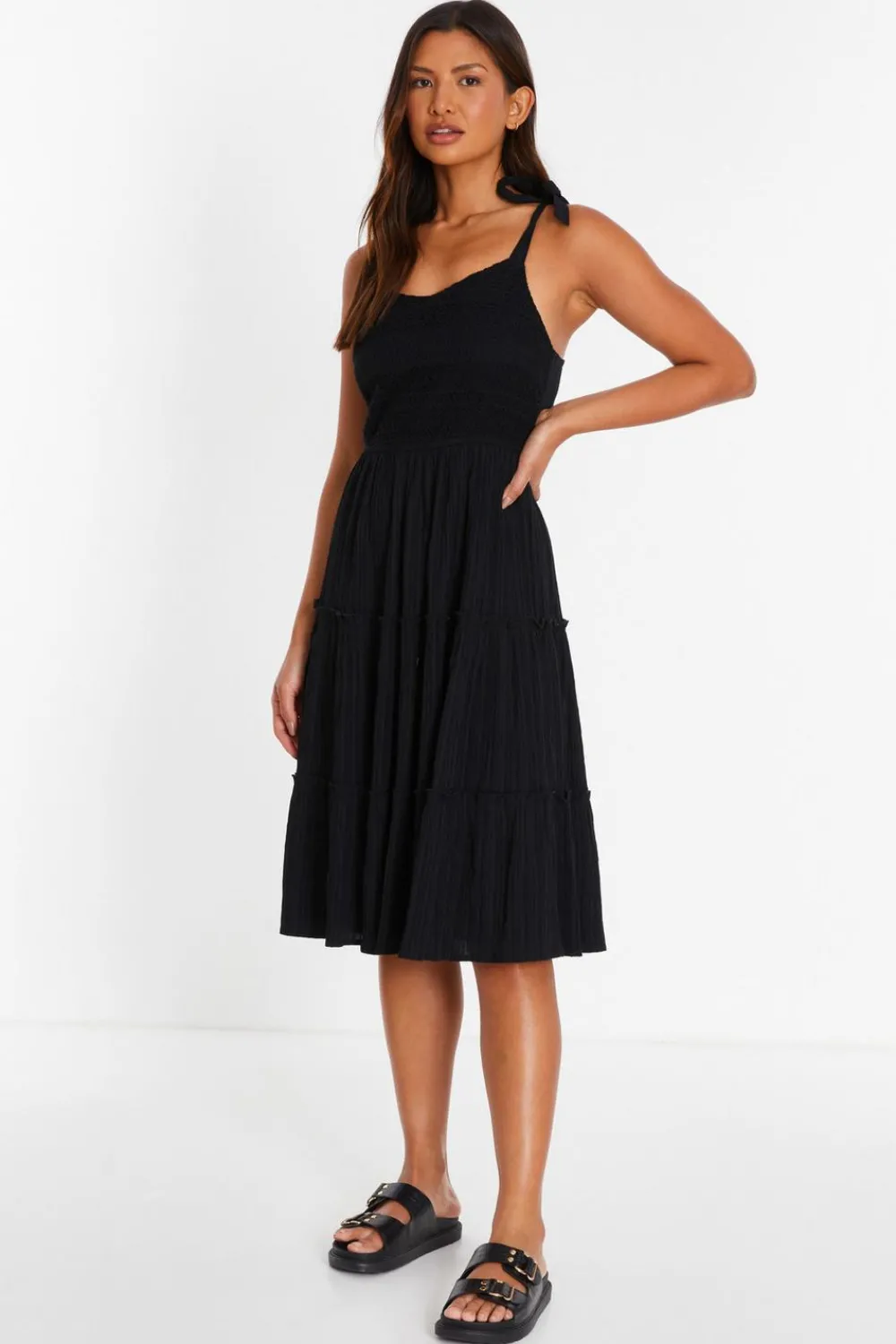 Quiz Holiday|Summer Dresses>Black Strappy Tiered Midi Dress