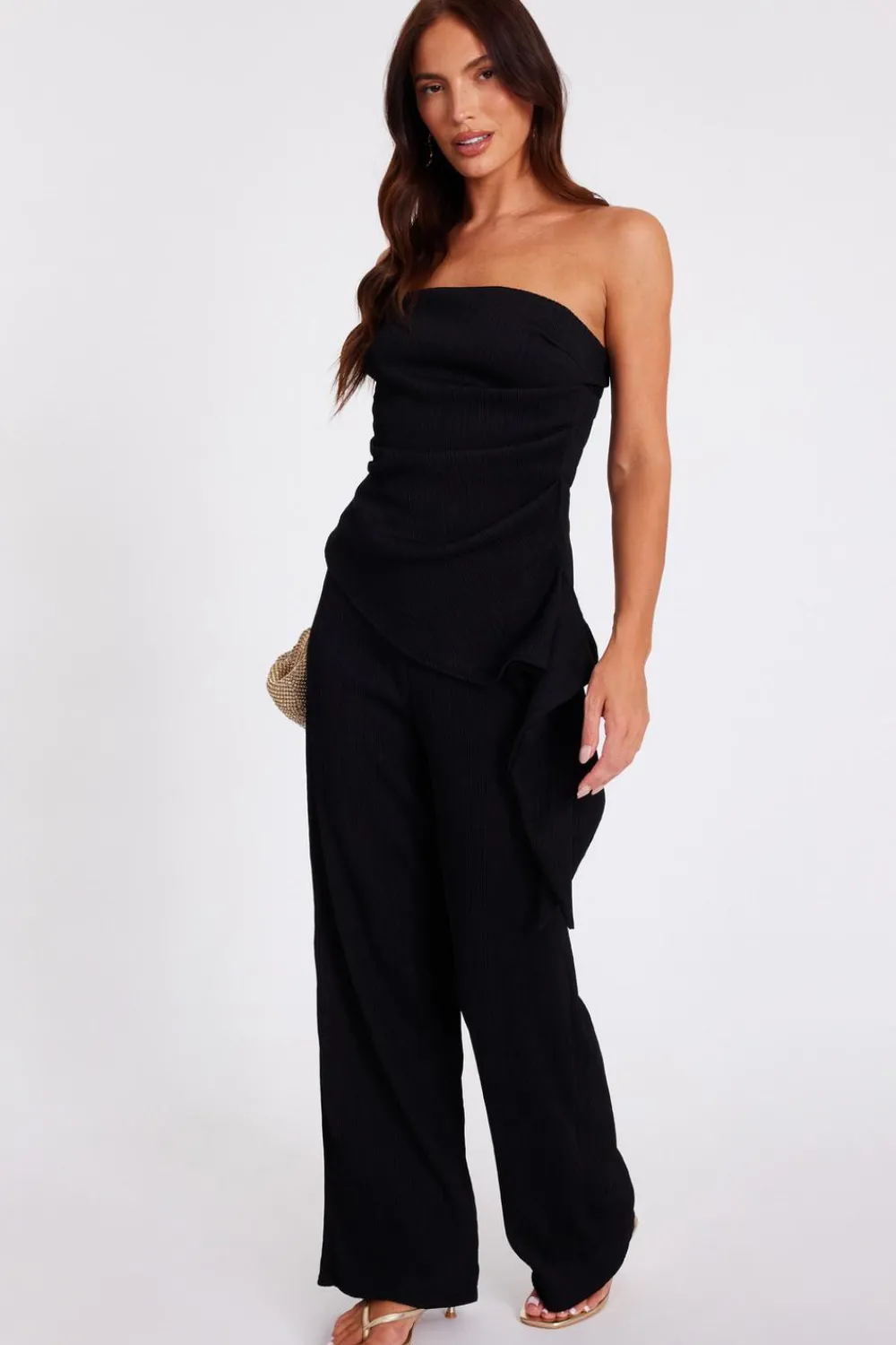 Quiz Trousers|Holiday>Black Textured Palazzo Trousers