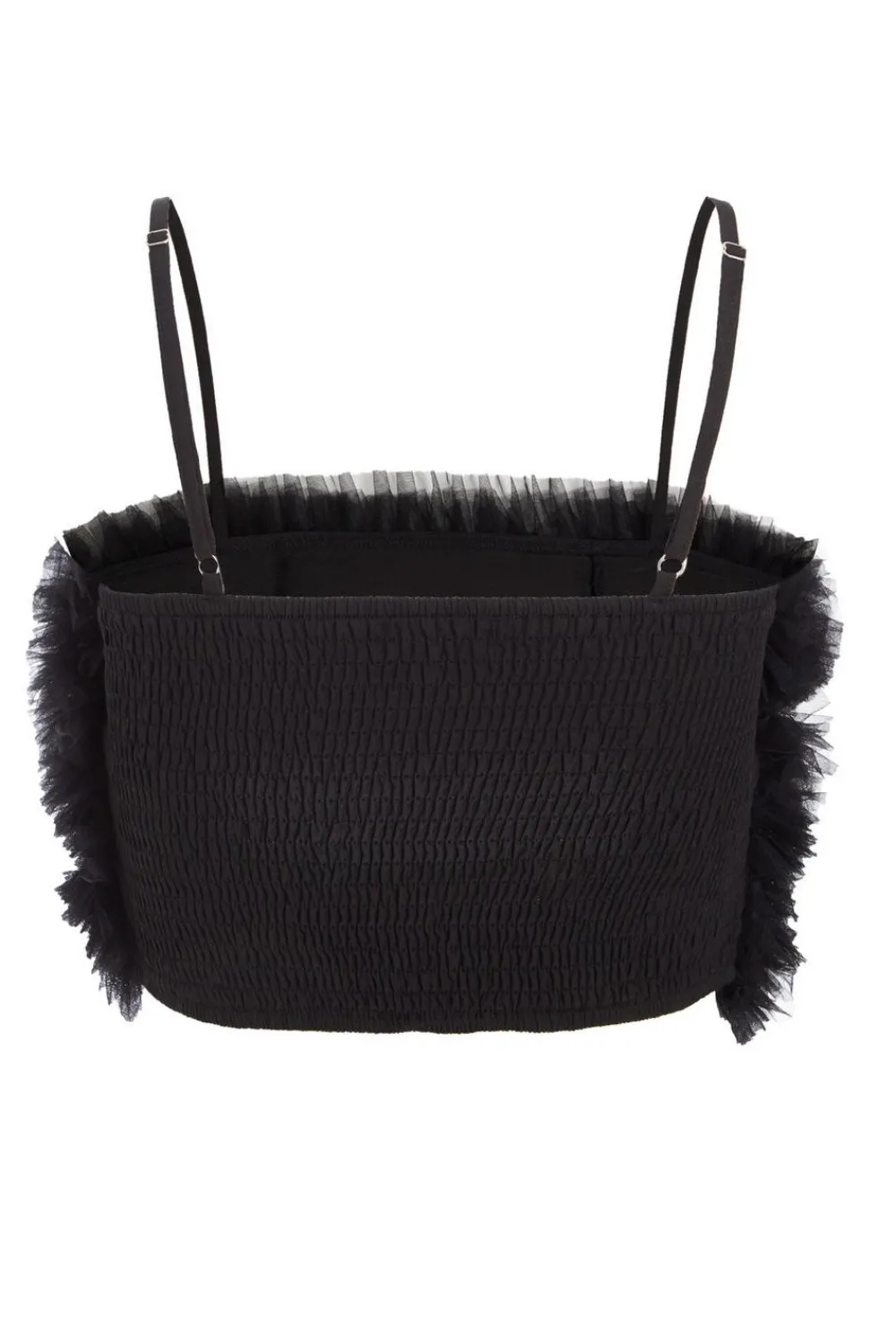 Quiz Going Out Tops|Crop Tops>Black Tulle Ruffle Crop Top