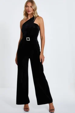 Quiz Going Out Jumpsuits|Black Jumpsuits>Black Velvet Asymmetric Jumpsuit