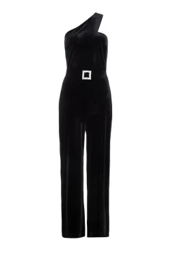 Quiz Going Out Jumpsuits|Black Jumpsuits>Black Velvet Asymmetric Jumpsuit