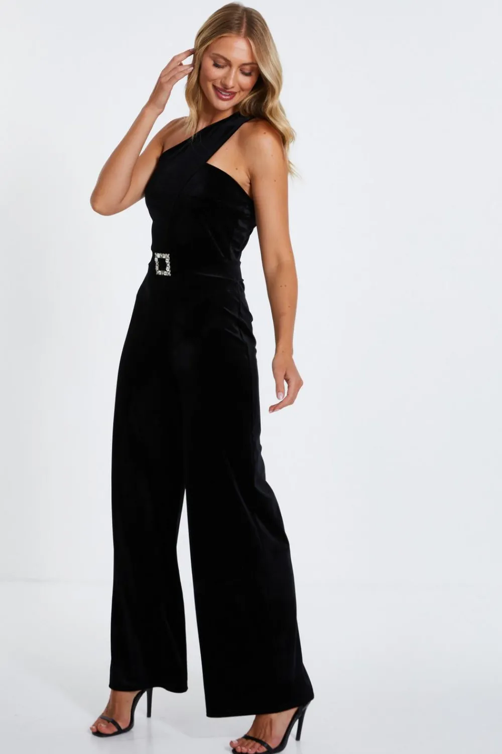 Quiz Going Out Jumpsuits|Black Jumpsuits>Black Velvet Asymmetric Jumpsuit