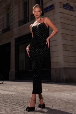 Quiz Prom & Ball|Evening Dresses>Black Velvet Diamante Midi Dress