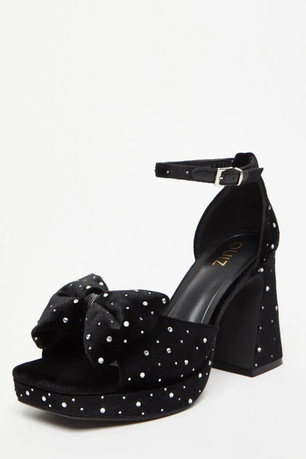 Quiz Sandals|Platforms>Black Velvet Diamante Platform Heeled Sandals