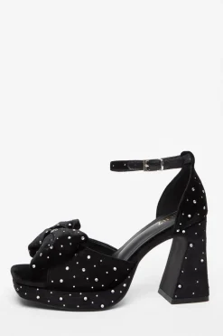 Quiz Sandals|Platforms>Black Velvet Diamante Platform Heeled Sandals