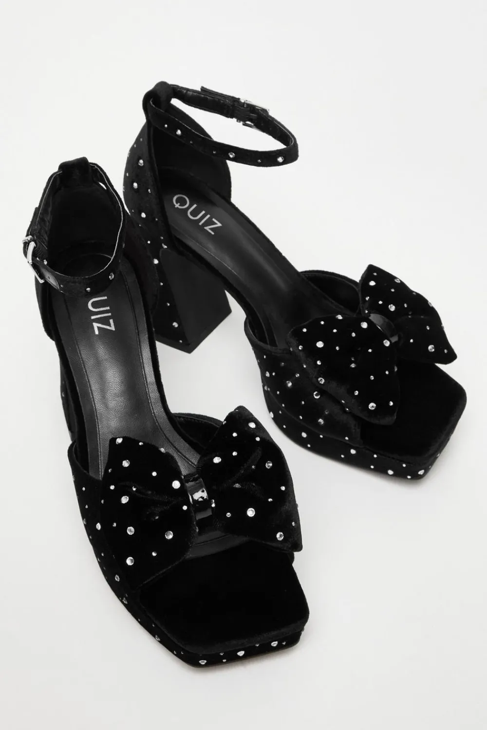 Quiz Sandals|Platforms>Black Velvet Diamante Platform Heeled Sandals