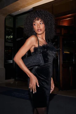 Quiz Mini Dresses|Going Out Dresses>Black Velvet Feather Trim Mini Dress