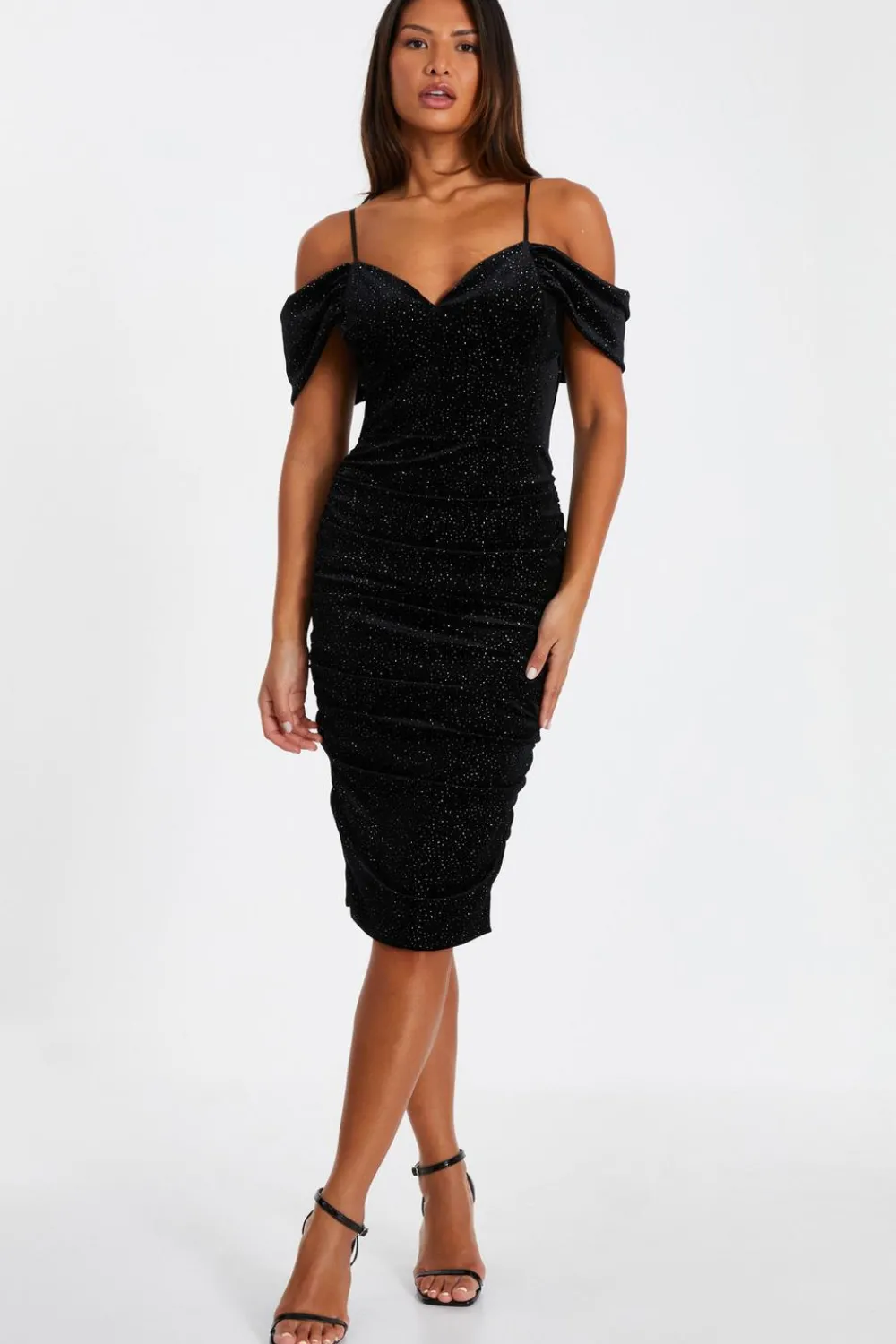 Quiz Evening Dresses|Occasion Dresses>Black Velvet Glitter Cold Shoulder Midi Dress