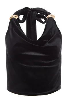 Quiz Going Out Tops|Crop Tops>Black Velvet Halter Crop Top