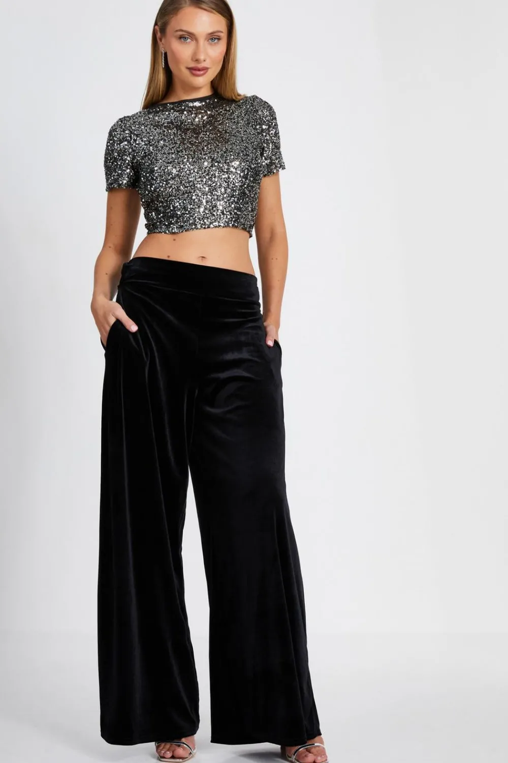 Quiz Workwear|Trousers>Black Wide Leg Velvet Trouser